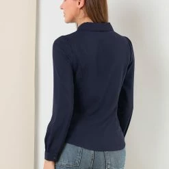 Allegra K Women's Button Down Shirt Peter Pan Collar Long Sleeve Bow Tie Neck Blouse