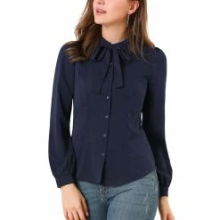Allegra K Women's Button Down Shirt Peter Pan Collar Long Sleeve Bow Tie Neck Blouse