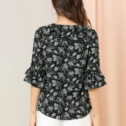 Allegra K Women's Ruffled Tie-Neck Layered Ruffle Elbow Sleeve Casual Floral Blouse