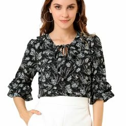 Allegra K Women's Ruffled Tie-Neck Layered Ruffle Elbow Sleeve Casual Floral Blouse