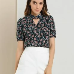 Allegra K Women's Elegant Floral Puff Short Sleeve Stand Collar Keyhole Blouse Tops