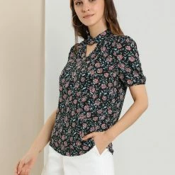 Allegra K Women's Elegant Floral Puff Short Sleeve Stand Collar Keyhole Blouse Tops