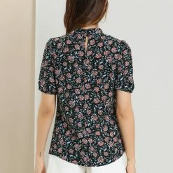 Allegra K Women's Elegant Floral Puff Short Sleeve Stand Collar Keyhole Blouse Tops