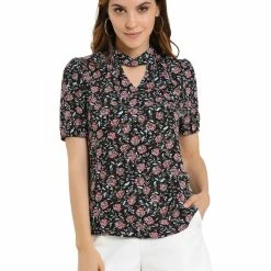 Allegra K Women's Elegant Floral Puff Short Sleeve Stand Collar Keyhole Blouse Tops