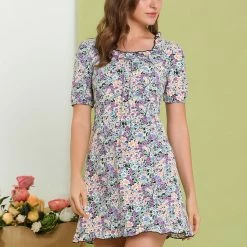 Allegra K Women's Floral Above The Knee Short Puff Sleeve Ruffle Hem Sweetheart Neck Dress