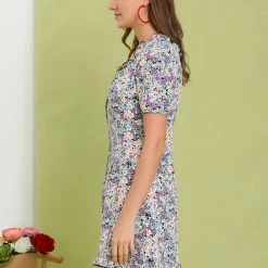 Allegra K Women's Floral Above The Knee Short Puff Sleeve Ruffle Hem Sweetheart Neck Dress