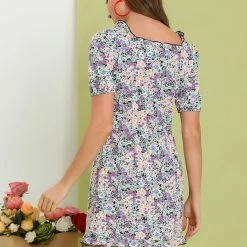 Allegra K Women's Floral Above The Knee Short Puff Sleeve Ruffle Hem Sweetheart Neck Dress