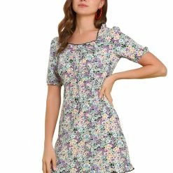 Allegra K Women's Floral Above The Knee Short Puff Sleeve Ruffle Hem Sweetheart Neck Dress