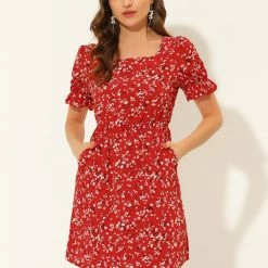 Allegra K Women's Puff Sleeve Neck Square Elastic Waist Above Knee Floral Dress