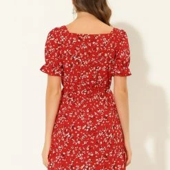 Allegra K Women's Puff Sleeve Neck Square Elastic Waist Above Knee Floral Dress