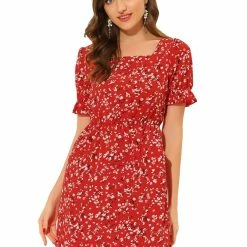 Allegra K Women's Puff Sleeve Neck Square Elastic Waist Above Knee Floral Dress