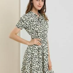 Allegra K Women's Full Placket Short Sleeve Casual Above Knee Mini Floral Dress