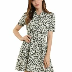 Allegra K Women's Full Placket Short Sleeve Casual Above Knee Mini Floral Dress