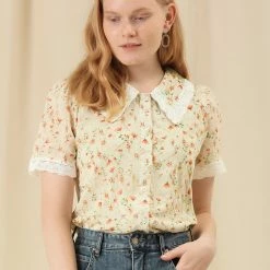 Allegra K Women's Peter Pan Collar Lace Embroidered Casual Floral Shirt Blouse 51 Allegra K Women's Peter Pan Collar Lace Embroidered Casual Floral Shirt Blouse