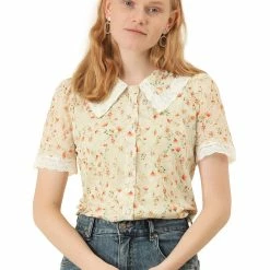 Allegra K Women's Peter Pan Collar Lace Embroidered Casual Floral Shirt Blouse 50 Allegra K Women's Peter Pan Collar Lace Embroidered Casual Floral Shirt Blouse