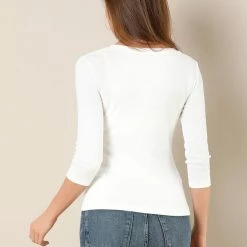 Allegra K Women's V Neck 3/4 Sleeves Solid Knitted Buttons Decor Ruched Top