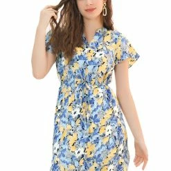 Allegra K Women's Tropical Printed V Neck Ruffled Cuff Tie Waist Dress 20 Allegra K Women's Tropical Printed V Neck Ruffled Cuff Tie Waist Dress