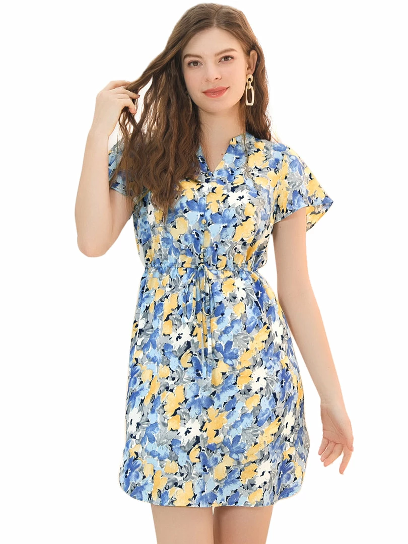 Allegra K Women's Tropical Printed V Neck Ruffled Cuff Tie Waist Dress 9 Allegra K Women's Tropical Printed V Neck Ruffled Cuff Tie Waist Dress