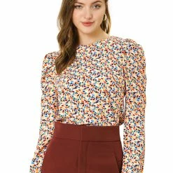 Allegra K Women's Puff Sleeve Top Retro Round Neck Puffy Blouse Tops