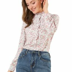Allegra K Women's Floral Button Up Ruffle Stand Collar Long Sleeve Shirt 45 Allegra K Women's Floral Button Up Ruffle Stand Collar Long Sleeve Shirt