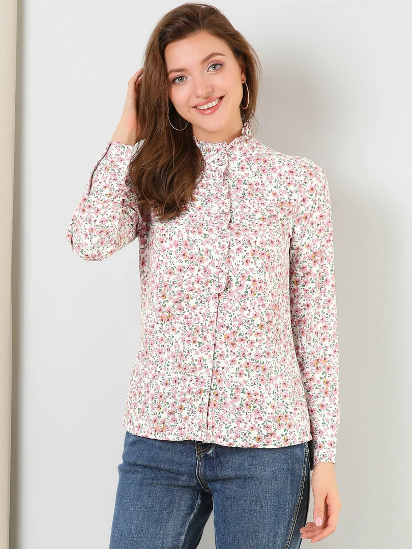 Allegra K Women's Floral Button Up Ruffle Stand Collar Long Sleeve Shirt 11 Allegra K Women's Floral Button Up Ruffle Stand Collar Long Sleeve Shirt