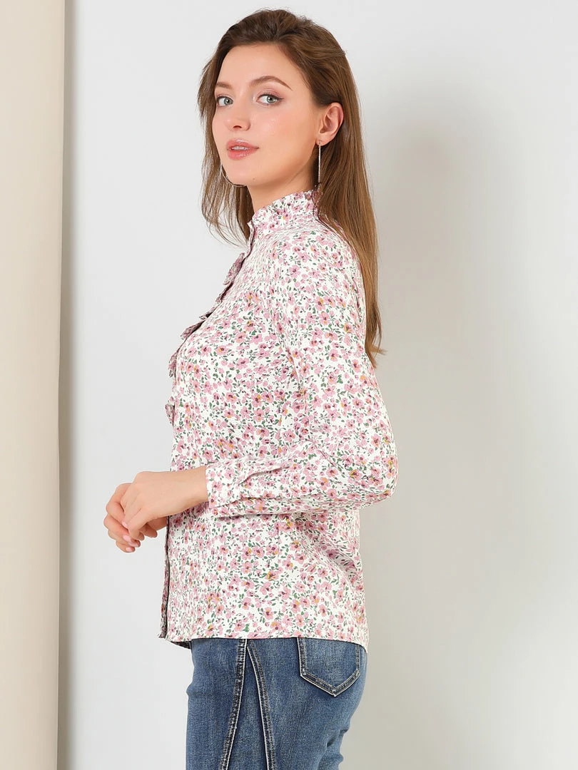 Allegra K Women's Floral Button Up Ruffle Stand Collar Long Sleeve Shirt 12 Allegra K Women's Floral Button Up Ruffle Stand Collar Long Sleeve Shirt