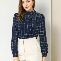 Allegra K Women's Bow-Tie Neck Blouse Office Work Checks Shirt Tops