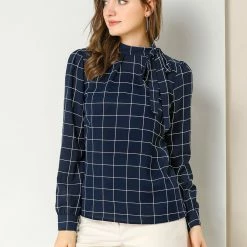 Allegra K Women's Bow-Tie Neck Blouse Office Work Checks Shirt Tops