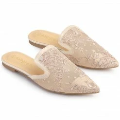 Allegra K Women's Pointed Toe Floral Embroidery Flats Mules