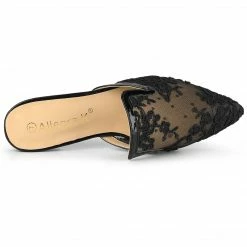 Allegra K Women's Pointed Toe Floral Embroidery Flats Mules