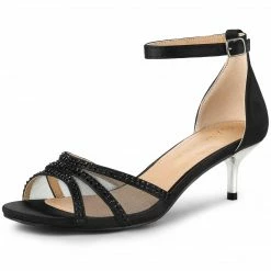Allegra K Women's Rhinestone Mesh Kitten Heels Sandals