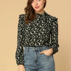 Allegra K Women's Side Bow Tie Neck Long Sleeve Ruffled Floral Blouse 40 Allegra K Women's Side Bow Tie Neck Long Sleeve Ruffled Floral Blouse