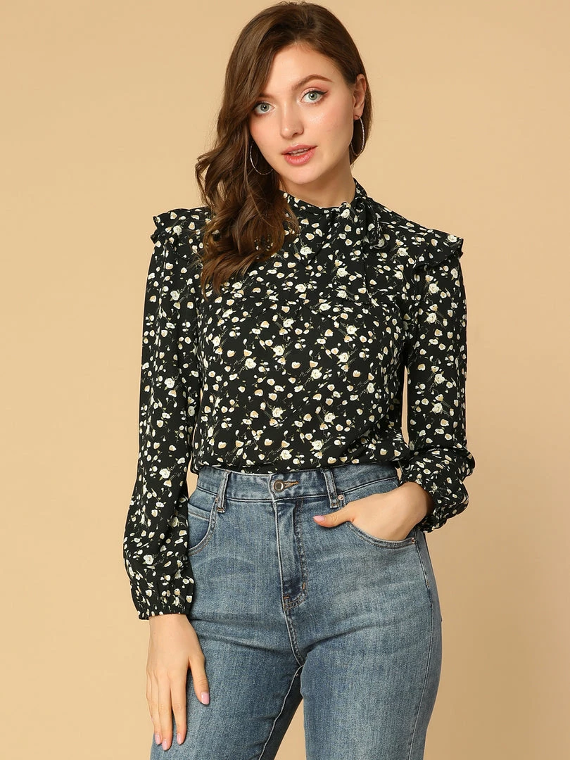 Allegra K Women's Side Bow Tie Neck Long Sleeve Ruffled Floral Blouse 17 Allegra K Women's Side Bow Tie Neck Long Sleeve Ruffled Floral Blouse