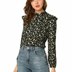 Allegra K Women's Side Bow Tie Neck Long Sleeve Ruffled Floral Blouse 38 Allegra K Women's Side Bow Tie Neck Long Sleeve Ruffled Floral Blouse