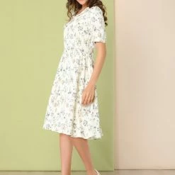 Allegra K Women's Floral Peter Pan Collar Hgih Waist A-line Flowy Chiffon Midi Dress