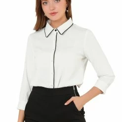 Allegra K Women's Elegant Tie Neck Blouses 3/4 Sleeve Work Office Button Down Contrast Collar Shirt