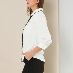 Allegra K Women's Elegant Tie Neck Blouses 3/4 Sleeve Work Office Button Down Contrast Collar Shirt
