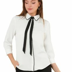 Allegra K Women's Elegant Tie Neck Blouses 3/4 Sleeve Work Office Button Down Contrast Collar Shirt