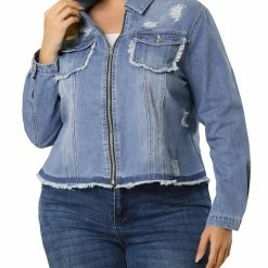 Allegra K Women's Plus Size Denim Jacket Turndown Collar Chest Pocket Frayed Hem Crop Jean Jackets 11 Allegra K Women's Plus Size Denim Jacket Turndown Collar Chest Pocket Frayed Hem Crop Jean Jackets