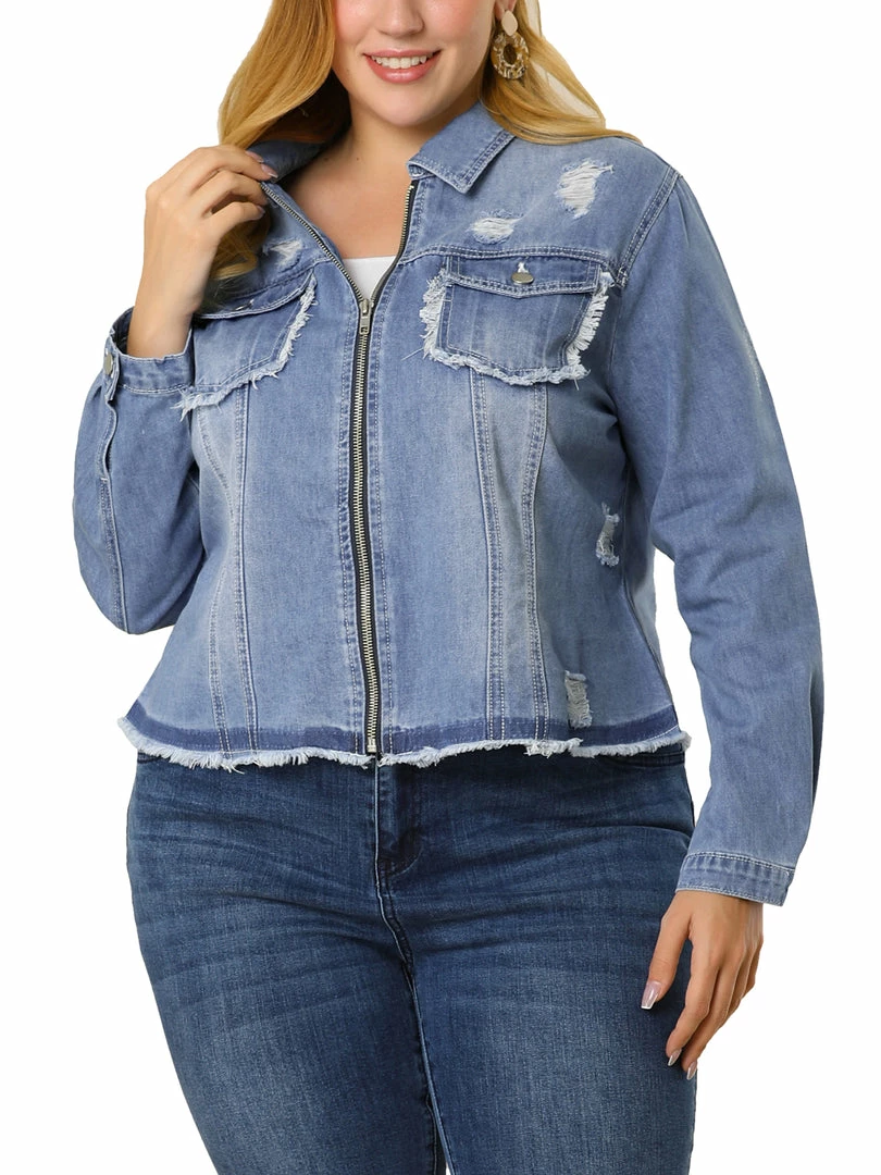 Allegra K Women's Plus Size Denim Jacket Turndown Collar Chest Pocket Frayed Hem Crop Jean Jackets 5 Allegra K Women's Plus Size Denim Jacket Turndown Collar Chest Pocket Frayed Hem Crop Jean Jackets