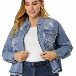 Allegra K Women's Plus Size Denim Jacket Turndown Collar Chest Pocket Frayed Hem Crop Jean Jackets 12 Allegra K Women's Plus Size Denim Jacket Turndown Collar Chest Pocket Frayed Hem Crop Jean Jackets
