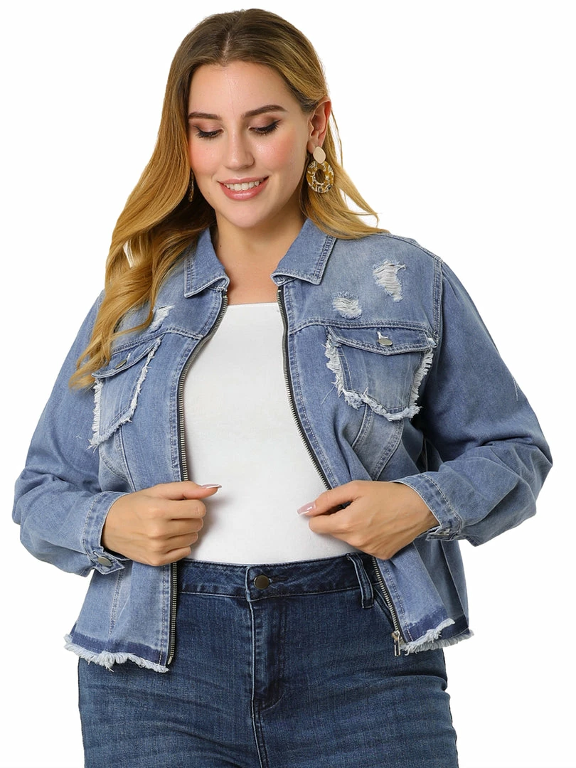 Allegra K Women's Plus Size Denim Jacket Turndown Collar Chest Pocket Frayed Hem Crop Jean Jackets 6 Allegra K Women's Plus Size Denim Jacket Turndown Collar Chest Pocket Frayed Hem Crop Jean Jackets