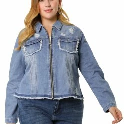 Allegra K Women's Plus Size Denim Jacket Turndown Collar Chest Pocket Frayed Hem Crop Jean Jackets 13 Allegra K Women's Plus Size Denim Jacket Turndown Collar Chest Pocket Frayed Hem Crop Jean Jackets