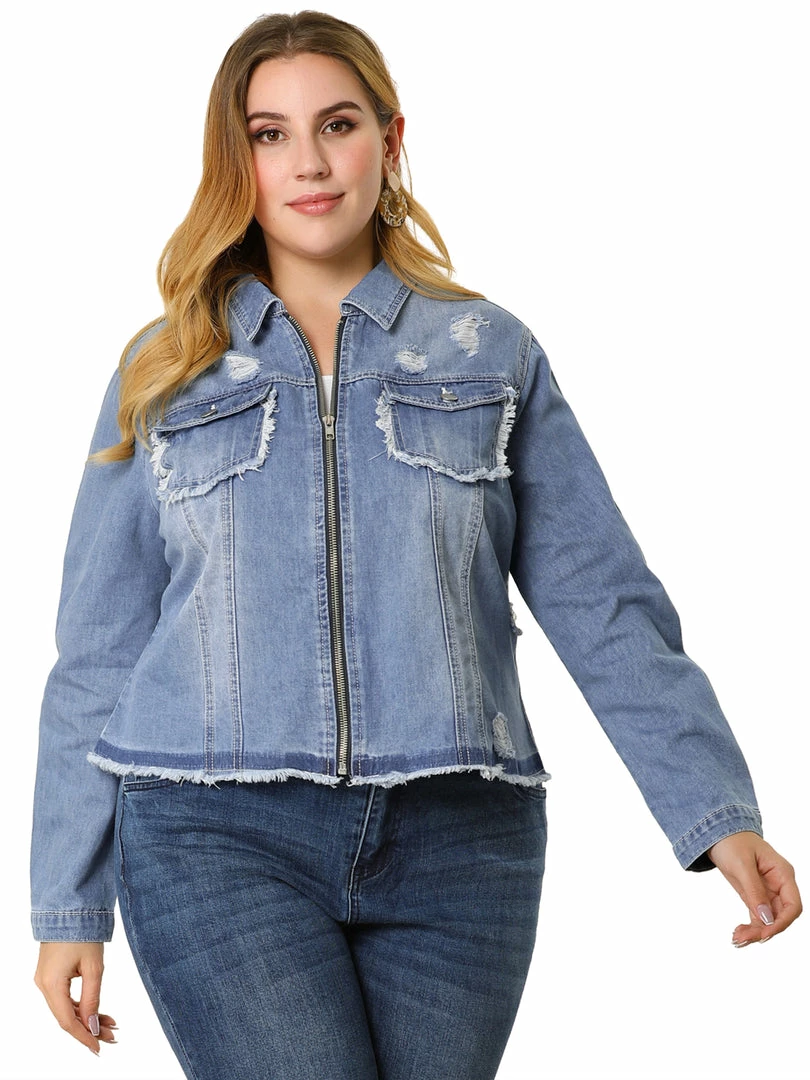 Allegra K Women's Plus Size Denim Jacket Turndown Collar Chest Pocket Frayed Hem Crop Jean Jackets 7 Allegra K Women's Plus Size Denim Jacket Turndown Collar Chest Pocket Frayed Hem Crop Jean Jackets