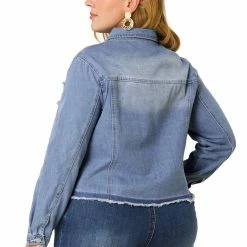 Allegra K Women's Plus Size Denim Jacket Turndown Collar Chest Pocket Frayed Hem Crop Jean Jackets 14 Allegra K Women's Plus Size Denim Jacket Turndown Collar Chest Pocket Frayed Hem Crop Jean Jackets