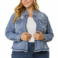 Allegra K Women's Plus Size Denim Jacket Turndown Collar Chest Pocket Frayed Hem Crop Jean Jackets