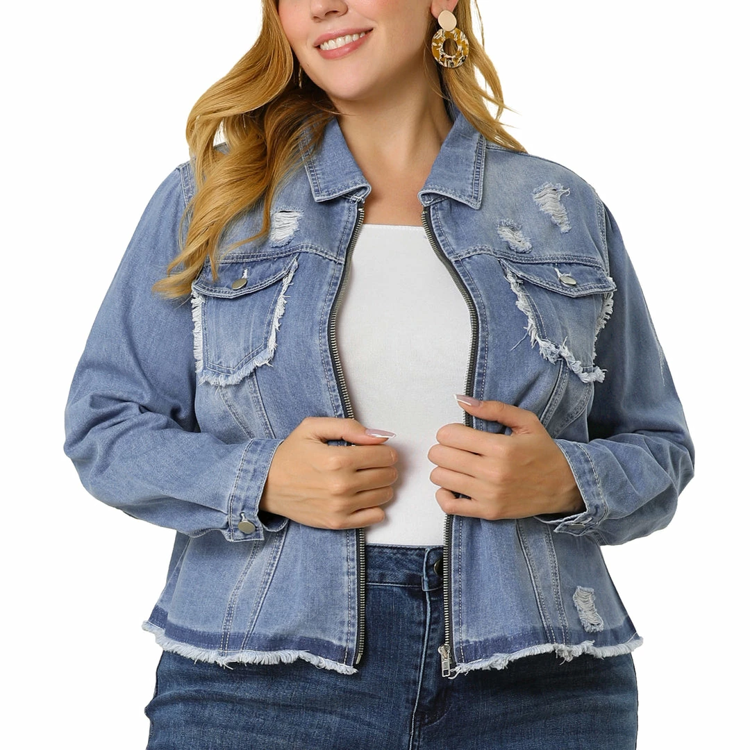 Allegra K Women's Plus Size Denim Jacket Turndown Collar Chest Pocket Frayed Hem Crop Jean Jackets 4 Allegra K Women's Plus Size Denim Jacket Turndown Collar Chest Pocket Frayed Hem Crop Jean Jackets