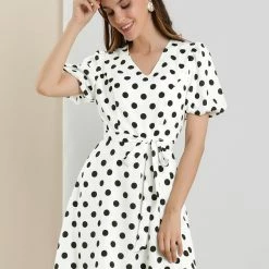 Allegra K Women's Work Office Tie Waist Puff Short Sleeve Dots Print Dress
