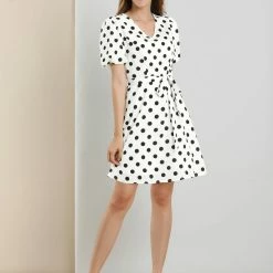 Allegra K Women's Work Office Tie Waist Puff Short Sleeve Dots Print Dress