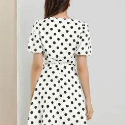 Allegra K Women's Work Office Tie Waist Puff Short Sleeve Dots Print Dress